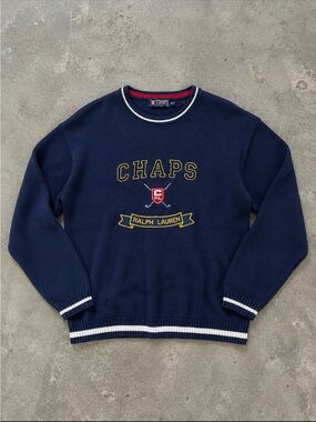 Y2K Chaps Ralph Lauren Navy Varsity Crest Cotton Sweater Men’s Medium Blokecore